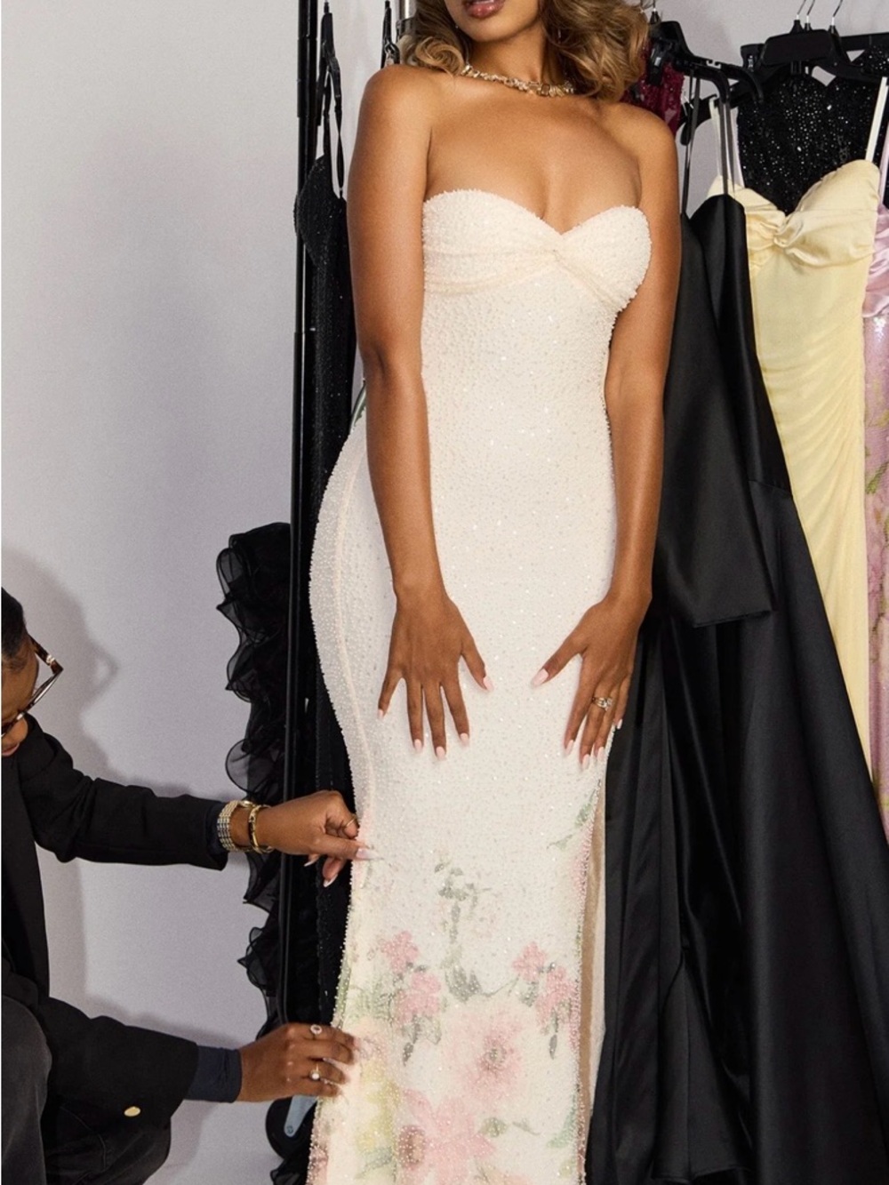 Windsor Strapless Beaded Ivory Gown with Pink Floral Detail